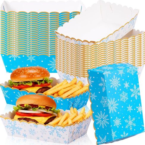 60 Pcs Snowflake Paper Food Trays Winter Movie Night Snack Trays Winter Snow Nacho Trays Paper Food Boats Disposable Serving Trays for Holiday Party Supplies Decor(Silver) in Kuwait