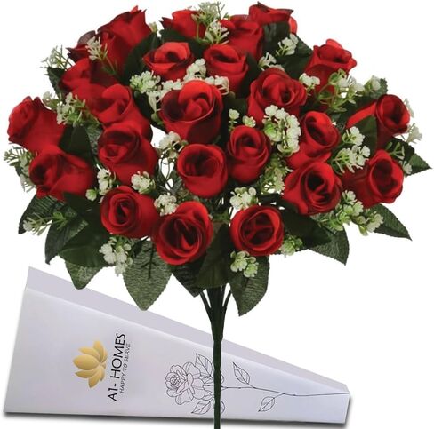 16" Artificial Silk Red Rose Bush with Gyp & Foliage 24 Flower Heads- Wedding Grave Home Decoration (1, Red) in Saudi Arabia