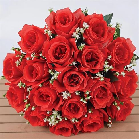 16" Artificial Silk Red Rose Bush with Gyp & Foliage 24 Flower Heads- Wedding Grave Home Decoration (1, Red) in Saudi Arabia