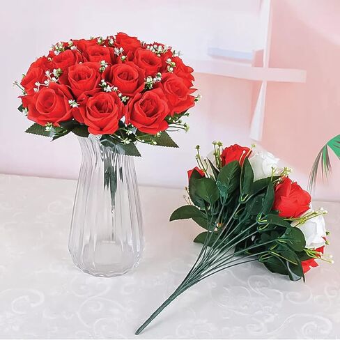 16" Artificial Silk Red Rose Bush with Gyp & Foliage 24 Flower Heads- Wedding Grave Home Decoration (1, Red) in Saudi Arabia