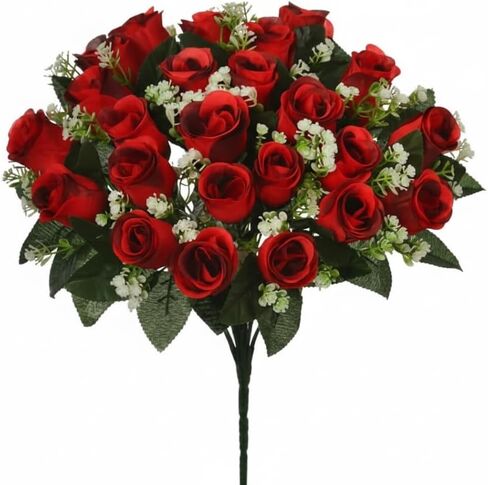 16" Artificial Silk Red Rose Bush with Gyp & Foliage 24 Flower Heads- Wedding Grave Home Decoration (1, Red) in Saudi Arabia