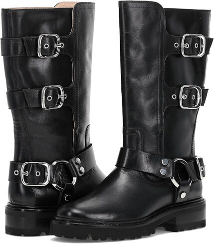 Frye Olivia Moto Mid 11" Shaft Height Women's Boots - Bold Mid-Calf, Black Leather, Industrial Harness, Chunky Heel Comfort in Saudi Arabia