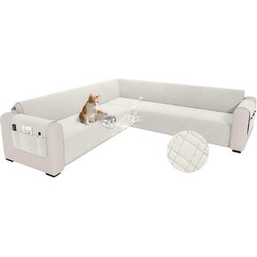 Waterproof L Shaped Couch Cover for Sectional Sofa Velvet Quilted Corner Sofa Cover L Shape Furniture Protector Slipcover Set with Non Slip Straps for Pets Dogs Kids (XX-Large, Cream White) in Saudi Arabia