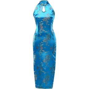 7Fairy Women's Turquoise Dragon Halter Backless Long Chinese Dress in Kuwait
