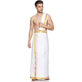 طقم Dhoti جاهز من القطن الأبيض للرجال من Sethukrishna مع مجموعة Angavastram (أبيض) (مقاس واحد) (D537-S) in Kuwait