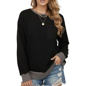 AURUZA البلوز للنساء كتلة اللون Crewneck مع جيب الصدر عادية كم طويل فضفاض صالح القمم الخريف البلوز الموضة in Kuwait