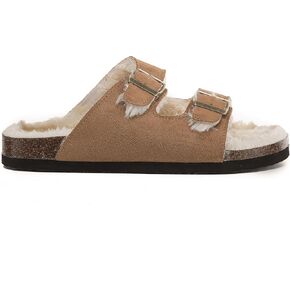 Faux Suede Twin Strap Big Buckle Suede Slide Sandals for Women – Cozy Double Strap Slip-On with Adjustable Buckles & Cork Footbed – Soft House Sandals for Indoor & Outdoor Comfort in Saudi Arabia
