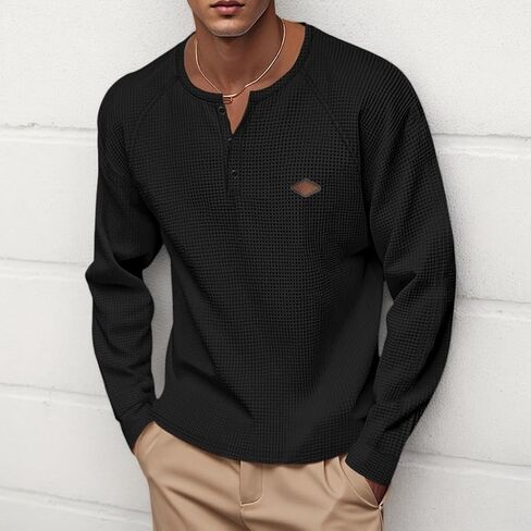 Men's Henley Casual Shirts Waffle Long Sleeve T-Shirt Lightweight Button Solid Color Fashion Pullover in Saudi Arabia
