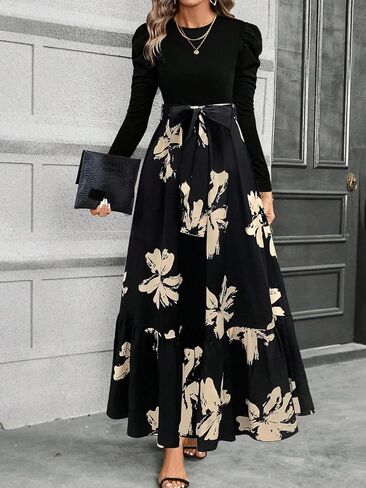 Women's Long Sleeve Maxi Dress Puff Sleeves Bow Waist Floral Print Elegant for Weddings Dinners Events in Saudi Arabia