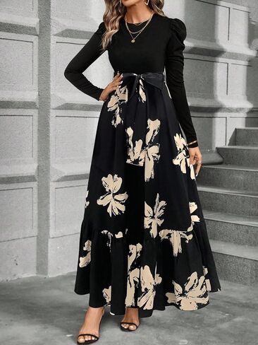 Women's Long Sleeve Maxi Dress Puff Sleeves Bow Waist Floral Print Elegant for Weddings Dinners Events in Saudi Arabia