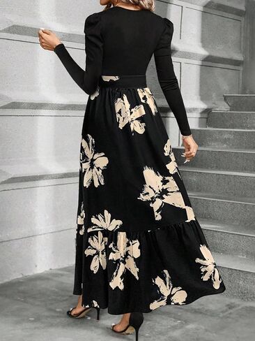 Women's Long Sleeve Maxi Dress Puff Sleeves Bow Waist Floral Print Elegant for Weddings Dinners Events in Saudi Arabia