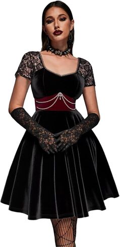 فستان DRESSFO على الطراز القوطي الفيكتوري الساحر وزهرة الورد والدانتيل بسلسلة من المخمل Vintange على شكل حرف A in Saudi Arabia