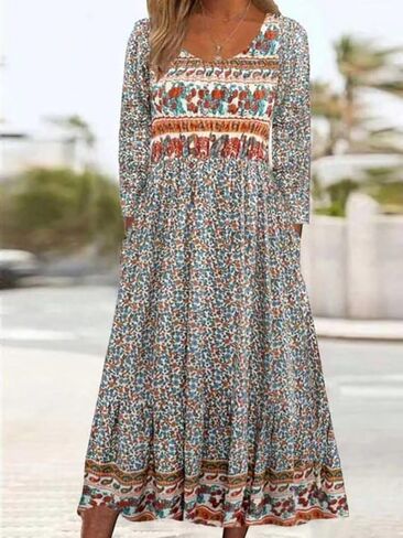 Women's Stylish Casual Elegant Long Retro Bohemian Floral Dress in Saudi Arabia