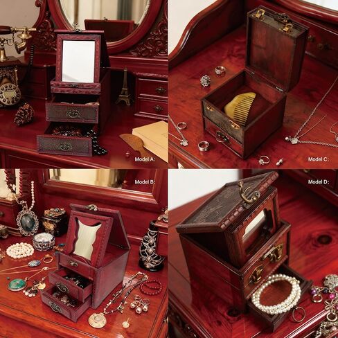 Wooden Antique Vintage Gothic Jewelry Box for Women,Witchy Jewelry Box with Drawer & Mirror,Perfect Mom Gifts for Mother's Day, Women & Girls Ring Necklace Earring Organizer (B) in Saudi Arabia