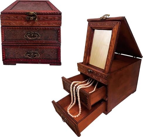 Wooden Antique Vintage Gothic Jewelry Box for Women,Witchy Jewelry Box with Drawer & Mirror,Perfect Mom Gifts for Mother's Day, Women & Girls Ring Necklace Earring Organizer (B) in Saudi Arabia