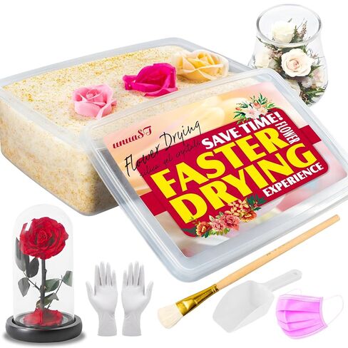 unuast جل السيليكا زهرة تجفيف بلورات المجففة 5 رطل، مجموعة تجفيف سريعة 6 في 1 مع صندوق مغلق، قفازات، فرشاة، مجرفة، رمل السيليكا لتجفيف الزهور قابل لإعادة الاستخدام، مجموعة حفظ الزهور باقة الزفاف DIY in Kuwait