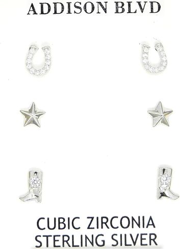 Sterling Silver Earring Set, 3 Pairs: Horseshoe, Boot Design with Cubic Zirconia, and Star in Saudi Arabia