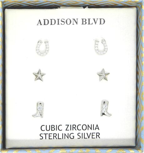 Sterling Silver Earring Set, 3 Pairs: Horseshoe, Boot Design with Cubic Zirconia, and Star in Saudi Arabia