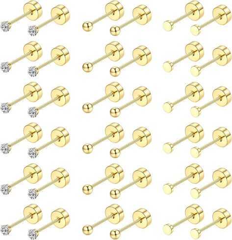 Small Flat Back Earrings for Women Men 14K Gold Plated Surgical Steel Screw Flat Back Stud Earrings Tiny Cartilage Earring Sets 2/3/4mm 18pairs in Saudi Arabia