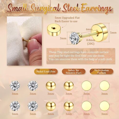 Small Flat Back Earrings for Women Men 14K Gold Plated Surgical Steel Screw Flat Back Stud Earrings Tiny Cartilage Earring Sets 2/3/4mm 18pairs in Saudi Arabia