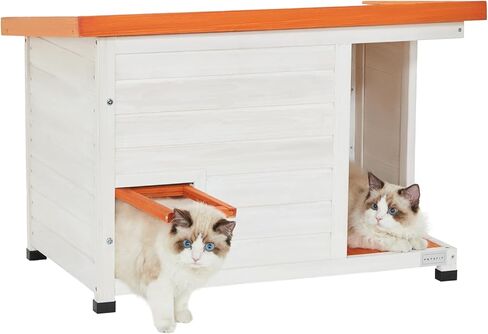 Petsfit Cat House Outdoor Weatherproof for 1-2 Cats, Sizing 34" Lx18 Wx23 H,Wooden Outside Cat House with Corrido and Escape Door White in Kuwait