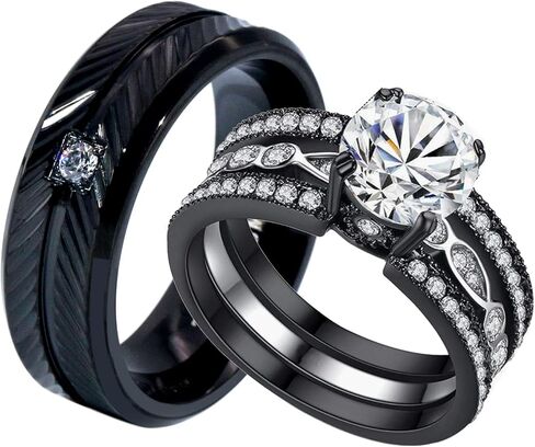 Ringheart خواتم الزوجين الأسود مطابقة خواتم 1.5CT AAA تشيكوسلوفاكيا 2 قطعة النساء خاتم الزواج مجموعات له ولها خواتم الرجال الفرقة in Saudi Arabia