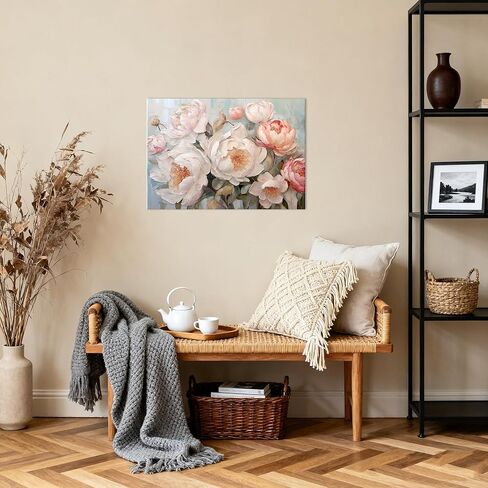 Vintage Floral Canvas Wall Art,Framed Rustic White Flower Painting in Vase Retro Botanical Artwork for Living Room Bedroom Bathroom Wall Decor read to hang (Pink B, 36L×24W) in Saudi Arabia