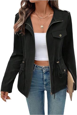 Milumia Women's Open Front Zip Up Jacket Stand Collar Drawstring Waist Long Sleeve Cargo Jackets in Saudi Arabia