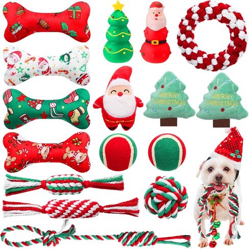 16 Pcs Christmas Dog Toys Xmas Squeaky Toys Animal Rope Treat Interactive Dog Ball and Bones Chew Toy Squeaky Plush Toys for Small Medium Large Dog Pets Puppy Teething Training Gift in Kuwait