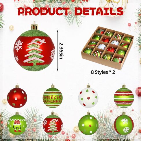 Set of 16 Christmas Tree Ornaments Decorations Balls 2.36'', Red and Green Glittery Christmas Hanging Balls Tree Decor Ornaments Indoor Decorations Shatterproof, Xmas Home Holiday Decor Presents in Saudi Arabia