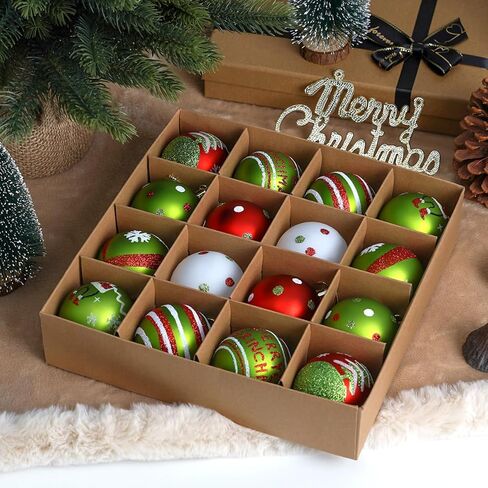 Set of 16 Christmas Tree Ornaments Decorations Balls 2.36'', Red and Green Glittery Christmas Hanging Balls Tree Decor Ornaments Indoor Decorations Shatterproof, Xmas Home Holiday Decor Presents in Saudi Arabia
