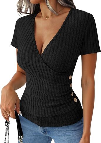 ANRABESS Womens Tops Short Sleeve V Neck Sexy Ribbed Knit Slim Fit Lightweight Sweater 2026 Summer Dressy Casual T-Shirts in Saudi Arabia