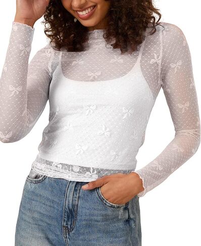 Women Lace Mesh Bow Top Long Sleeve Mock Neck See Through Shirt Polka Dot Embroidered Sheer Layering Tops in Saudi Arabia