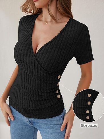 ANRABESS Womens Tops Short Sleeve V Neck Sexy Ribbed Knit Slim Fit Lightweight Sweater 2026 Summer Dressy Casual T-Shirts in Saudi Arabia