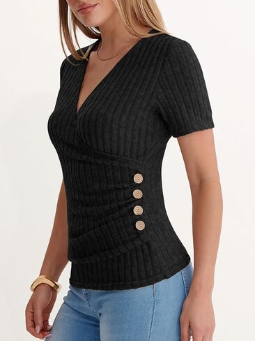 ANRABESS Womens Tops Short Sleeve V Neck Sexy Ribbed Knit Slim Fit Lightweight Sweater 2026 Summer Dressy Casual T-Shirts in Saudi Arabia