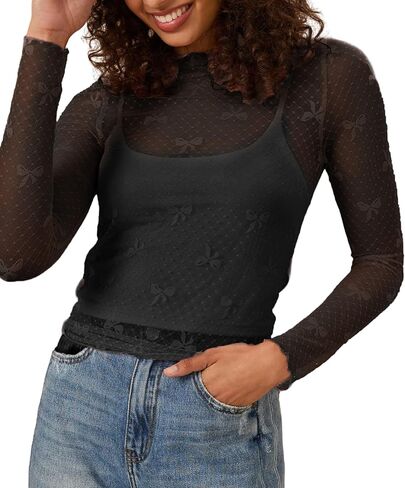 Women Lace Mesh Bow Top Long Sleeve Mock Neck See Through Shirt Polka Dot Embroidered Sheer Layering Tops in Saudi Arabia