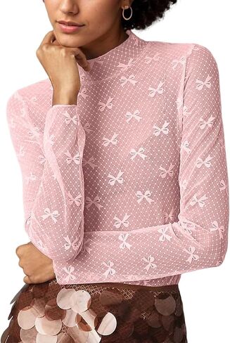 Women Lace Mesh Bow Top Long Sleeve Mock Neck See Through Shirt Polka Dot Embroidered Sheer Layering Tops in Saudi Arabia