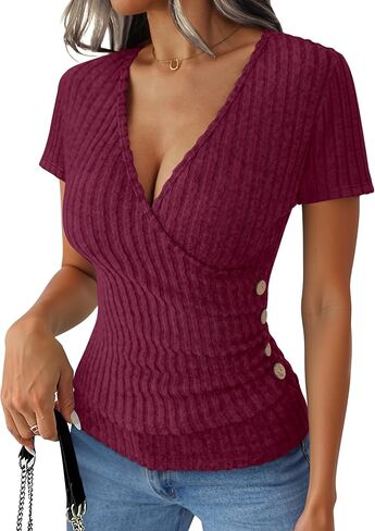 ANRABESS Womens Tops Short Sleeve V Neck Sexy Ribbed Knit Slim Fit Lightweight Sweater 2026 Summer Dressy Casual T-Shirts in Saudi Arabia