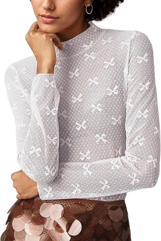 Women Lace Mesh Bow Top Long Sleeve Mock Neck See Through Shirt Polka Dot Embroidered Sheer Layering Tops in Saudi Arabia