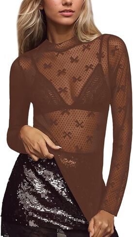 Women Lace Mesh Bow Top Long Sleeve Mock Neck See Through Shirt Polka Dot Embroidered Sheer Layering Tops in Saudi Arabia