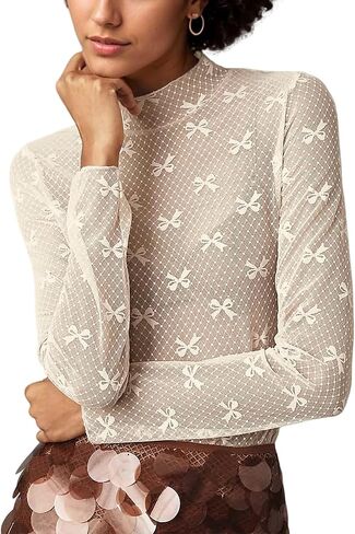 Women Lace Mesh Bow Top Long Sleeve Mock Neck See Through Shirt Polka Dot Embroidered Sheer Layering Tops in Saudi Arabia