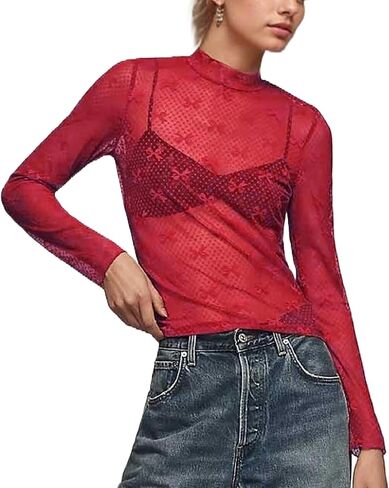Women Lace Mesh Bow Top Long Sleeve Mock Neck See Through Shirt Polka Dot Embroidered Sheer Layering Tops in Saudi Arabia
