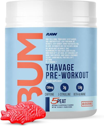 RAW Preworkout Powder, Thavage (Peach Bum) - Chris Bumstead Sports Nutrition Supplement for Men & Women - Cbum Pre Workout for Working Out, Hydration, Mental Focus & Energy - 40 Servings in Saudi Arabia