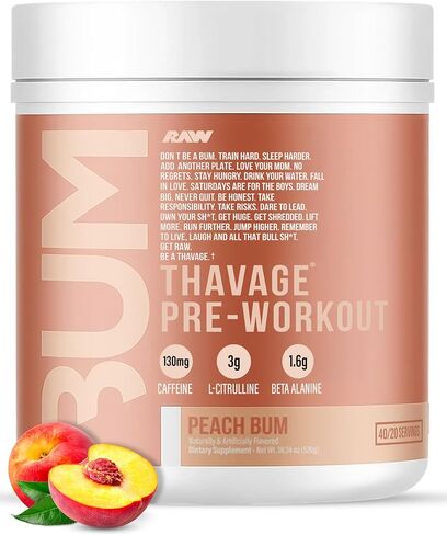 RAW Preworkout Powder, Thavage (Peach Bum) - Chris Bumstead Sports Nutrition Supplement for Men & Women - Cbum Pre Workout for Working Out, Hydration, Mental Focus & Energy - 40 Servings in Saudi Arabia