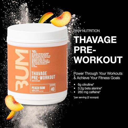 RAW Preworkout Powder, Thavage (Peach Bum) - Chris Bumstead Sports Nutrition Supplement for Men & Women - Cbum Pre Workout for Working Out, Hydration, Mental Focus & Energy - 40 Servings in Saudi Arabia