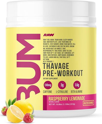 RAW Preworkout Powder, Thavage (Peach Bum) - Chris Bumstead Sports Nutrition Supplement for Men & Women - Cbum Pre Workout for Working Out, Hydration, Mental Focus & Energy - 40 Servings in Saudi Arabia