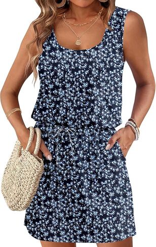 AUSELILY Summer Dresses for Women 2026 Casual Sleeveless Drawstring Waist Beach Cover up Mini Short Dresses with Pockets in Saudi Arabia