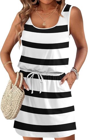 AUSELILY Summer Dresses for Women 2026 Casual Sleeveless Drawstring Waist Beach Cover up Mini Short Dresses with Pockets in Saudi Arabia