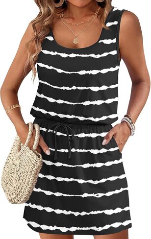 AUSELILY Summer Dresses for Women 2026 Casual Sleeveless Drawstring Waist Beach Cover up Mini Short Dresses with Pockets in Saudi Arabia