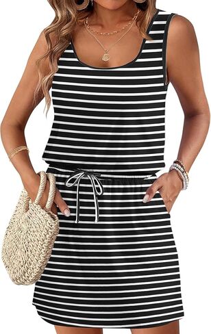 AUSELILY Summer Dresses for Women 2026 Casual Sleeveless Drawstring Waist Beach Cover up Mini Short Dresses with Pockets in Saudi Arabia